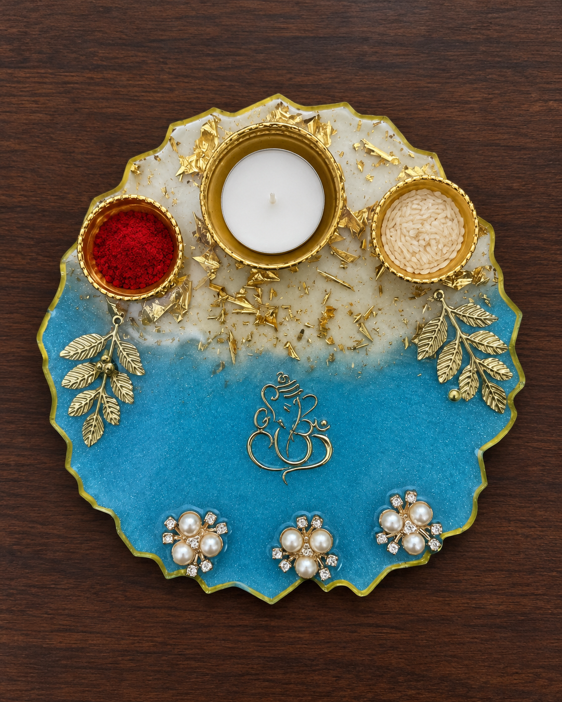 Blue Ganesha Pooja Thali, a 6-inch sky-blue resin thali with 3 katoris, gold Ganesha motif, leaves and pearl flowers – Giftra