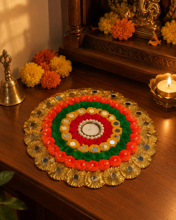 Marigold Mirror Rangoli, a 12-inch reusable rangoli with pom-poms, mirrors, pearls and a gold gota border – Giftra