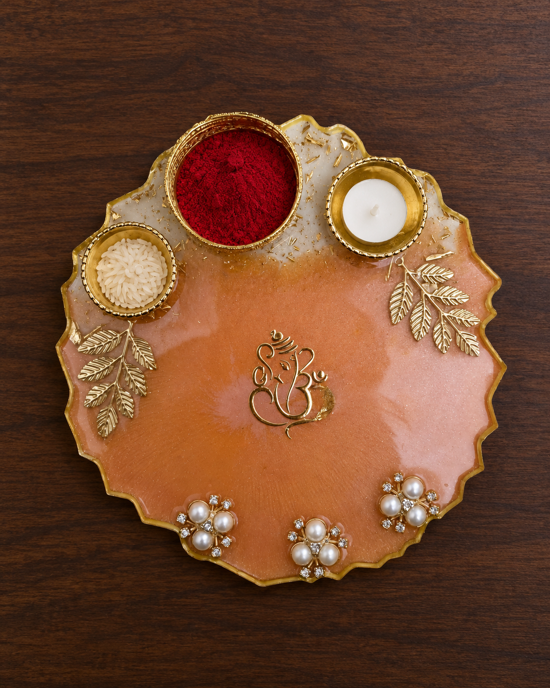 Peach Ganesha Pooja Thali, a 6-inch resin thali with 3 katoris, gold Ganesha motif, leaves and pearl flowers – Giftra