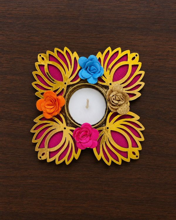 Rose Lotus Tealight Diya with gold cut-work lotuses, magenta petals and fabric roses – Giftra
