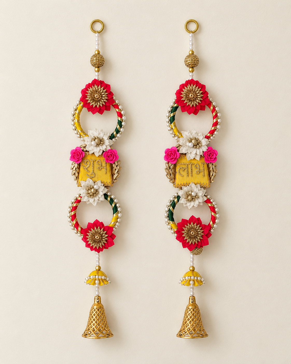 Shubh Labh door hanging pair with gota flowers, pearls and gold bells – Giftra