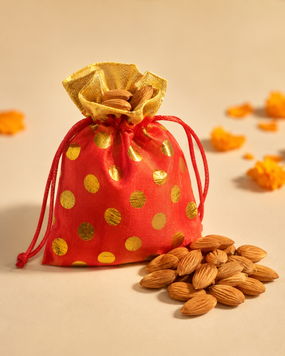 Premium almonds in red-and-gold silk potli – rakhi hamper dry fruits