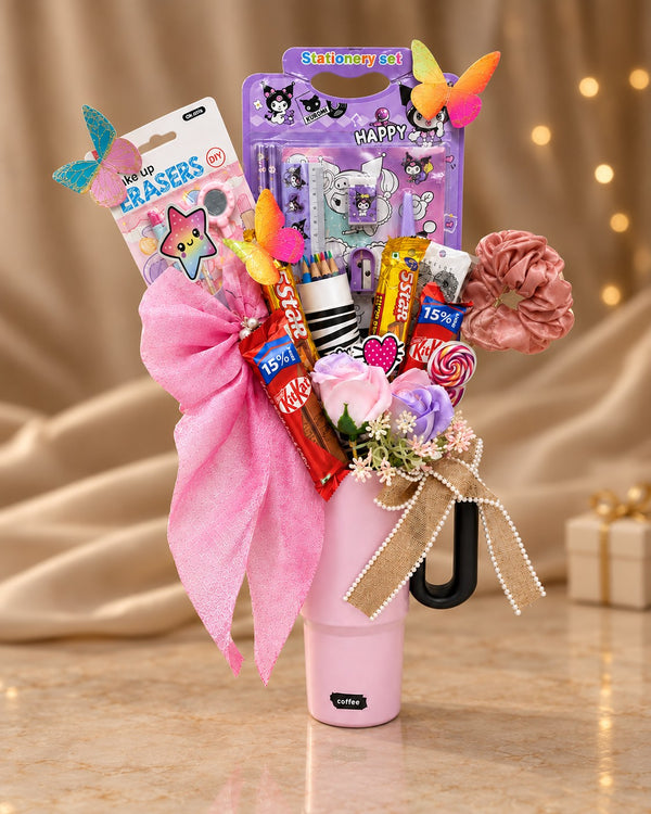 The Birthday Tumbler: pink tumbler gift hamper for her with stationery set, KitKat and 5 Star chocolates, earrings and satin scrunchie