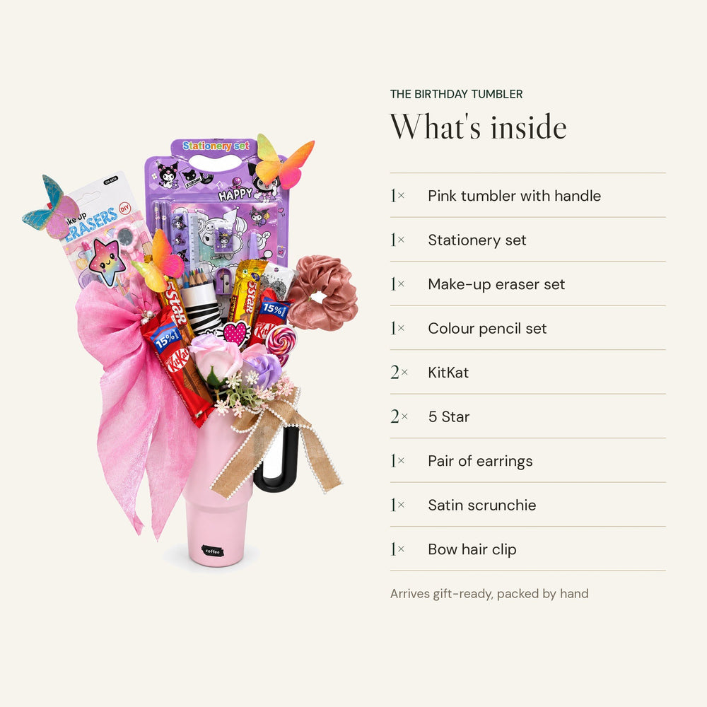 What's inside The Birthday Tumbler: pink tumbler, stationery set, eraser set, colour pencils, 2 KitKat, 2 5 Star, earrings, scrunchie and bow hair clip