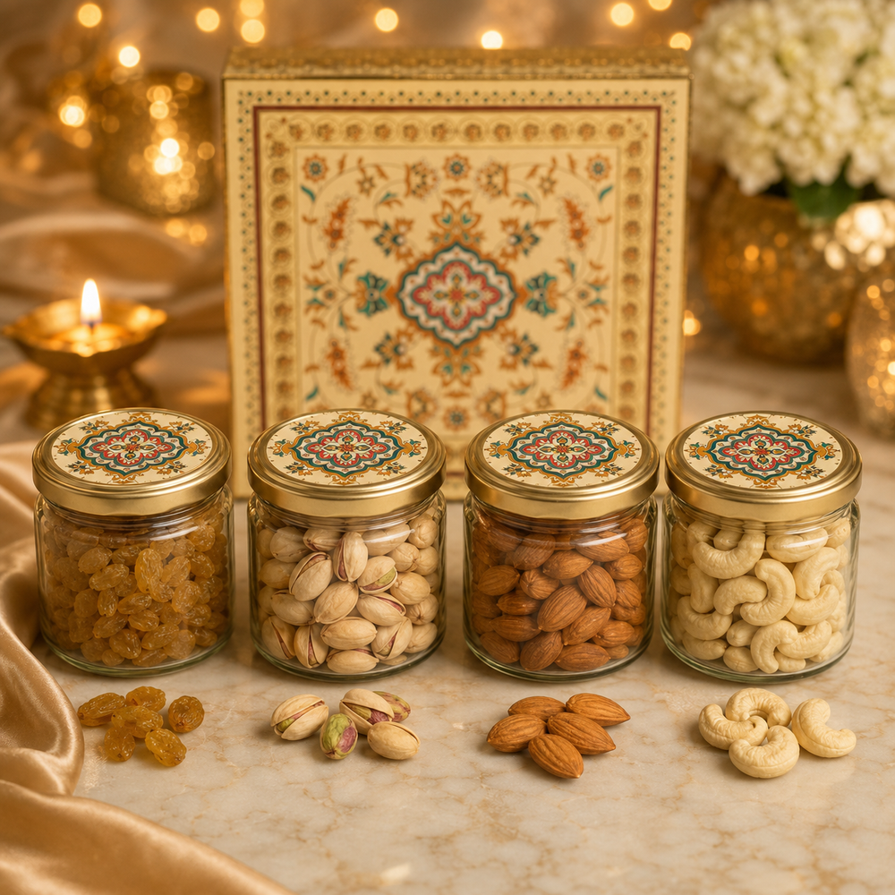 Four glass jars of premium cashew, almond, raisin and pistachio — 680g dry fruit gift box contents