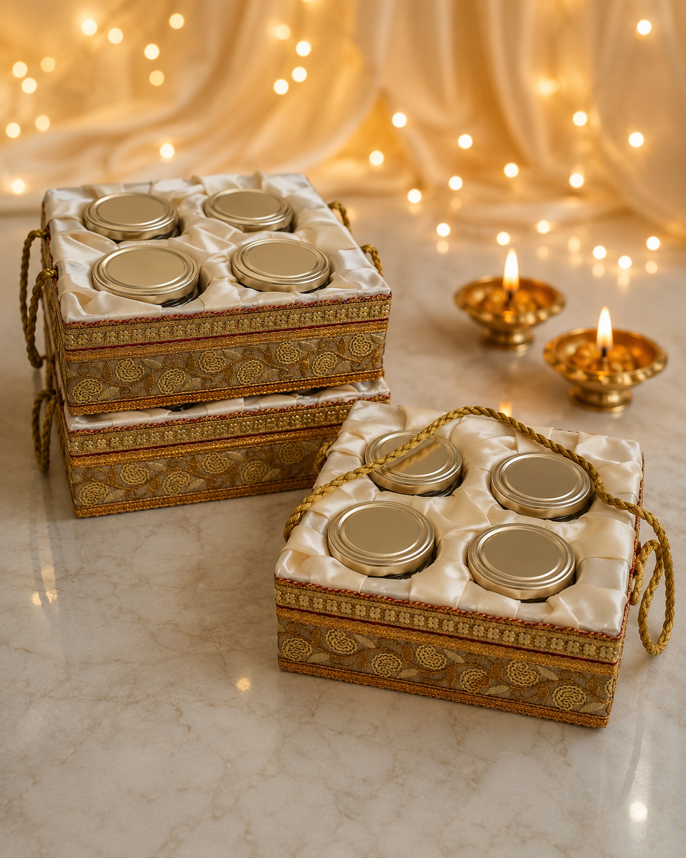 Three matching ivory satin dry fruit gift baskets arranged for Diwali corporate and bulk gifting