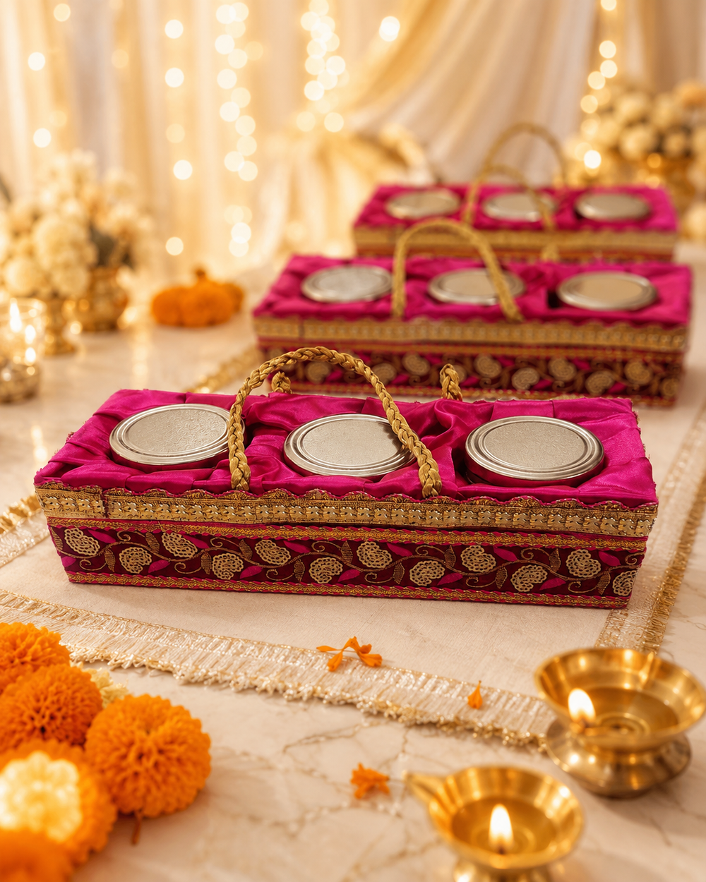 Three matching pink satin dry fruit gift boxes arranged for Diwali, wedding and corporate bulk gifting