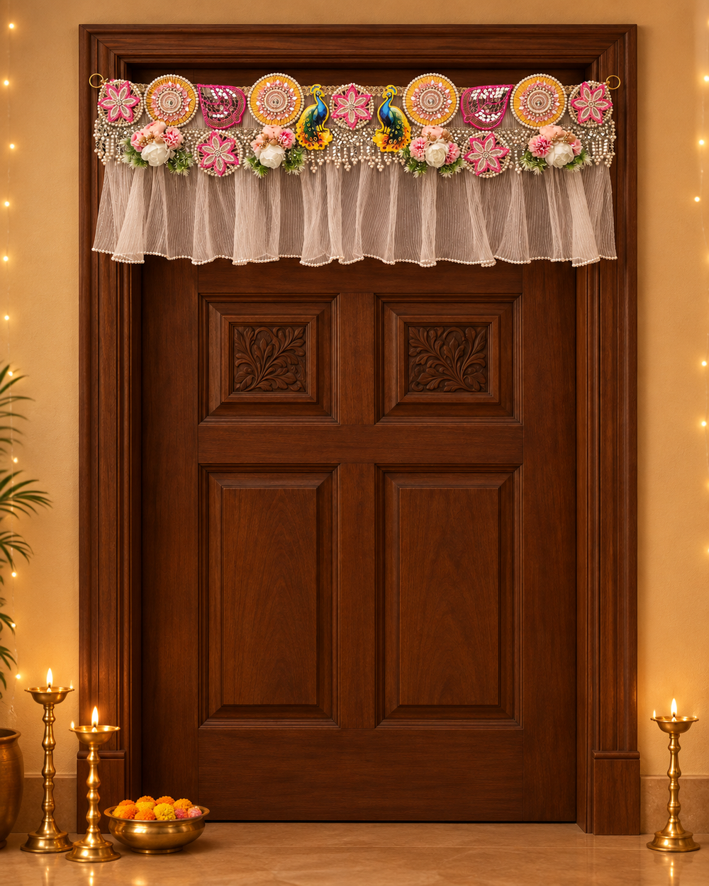 Handmade Diwali toran on a carved wooden door with brass diyas and marigold flowers at the entrance
