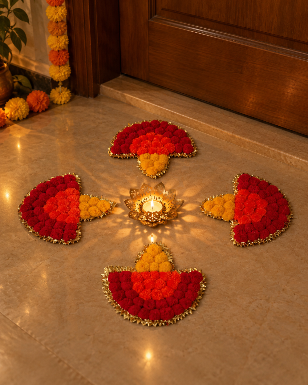 Reusable diya rangoli set with a lit lotus tealight at a home entrance on Diwali night