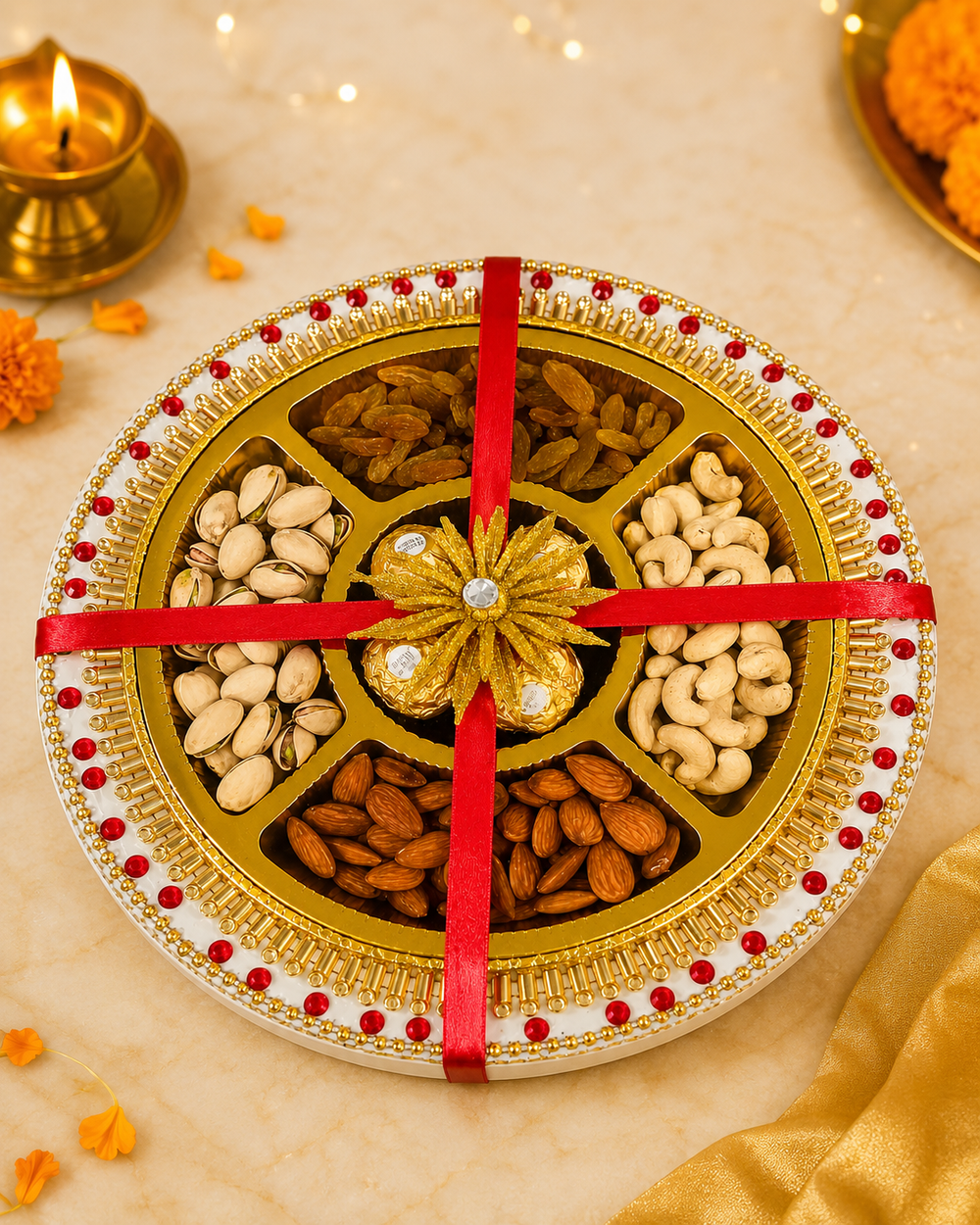 Dry fruit and Ferrero Rocher gift tray with almonds, cashews, pistachios and raisins