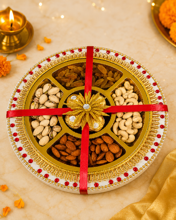 Dry fruit and Ferrero Rocher gift tray with almonds, cashews, pistachios and raisins