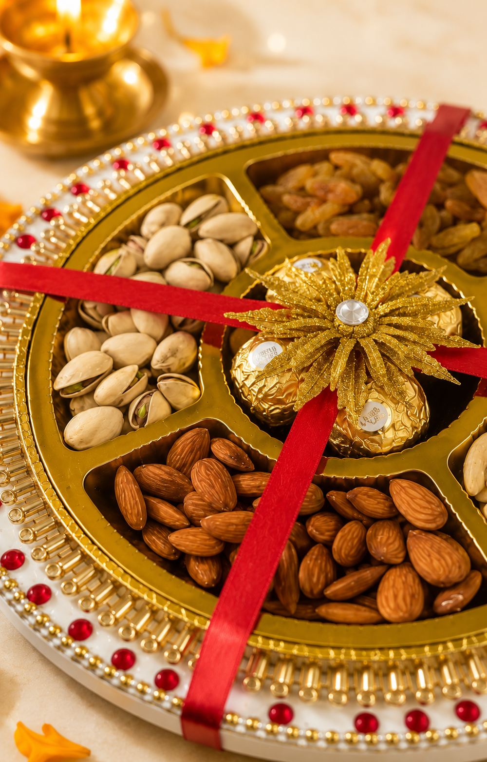 Close-up of Ferrero Rocher and almonds in a festive dry fruit gift tray