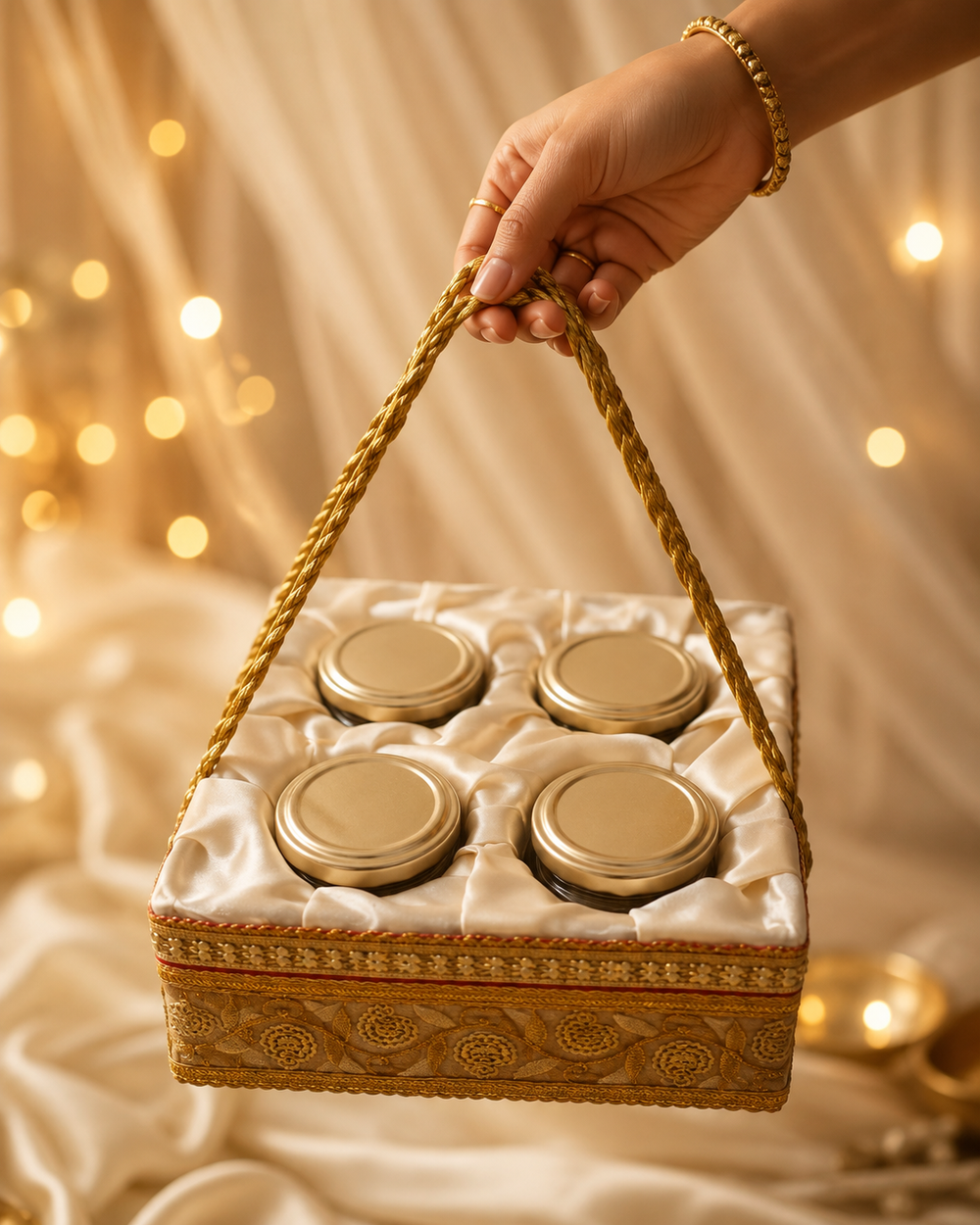 Ivory satin dry fruit gift basket carried by its braided golden rope handle, ready to gift for Diwali and weddings