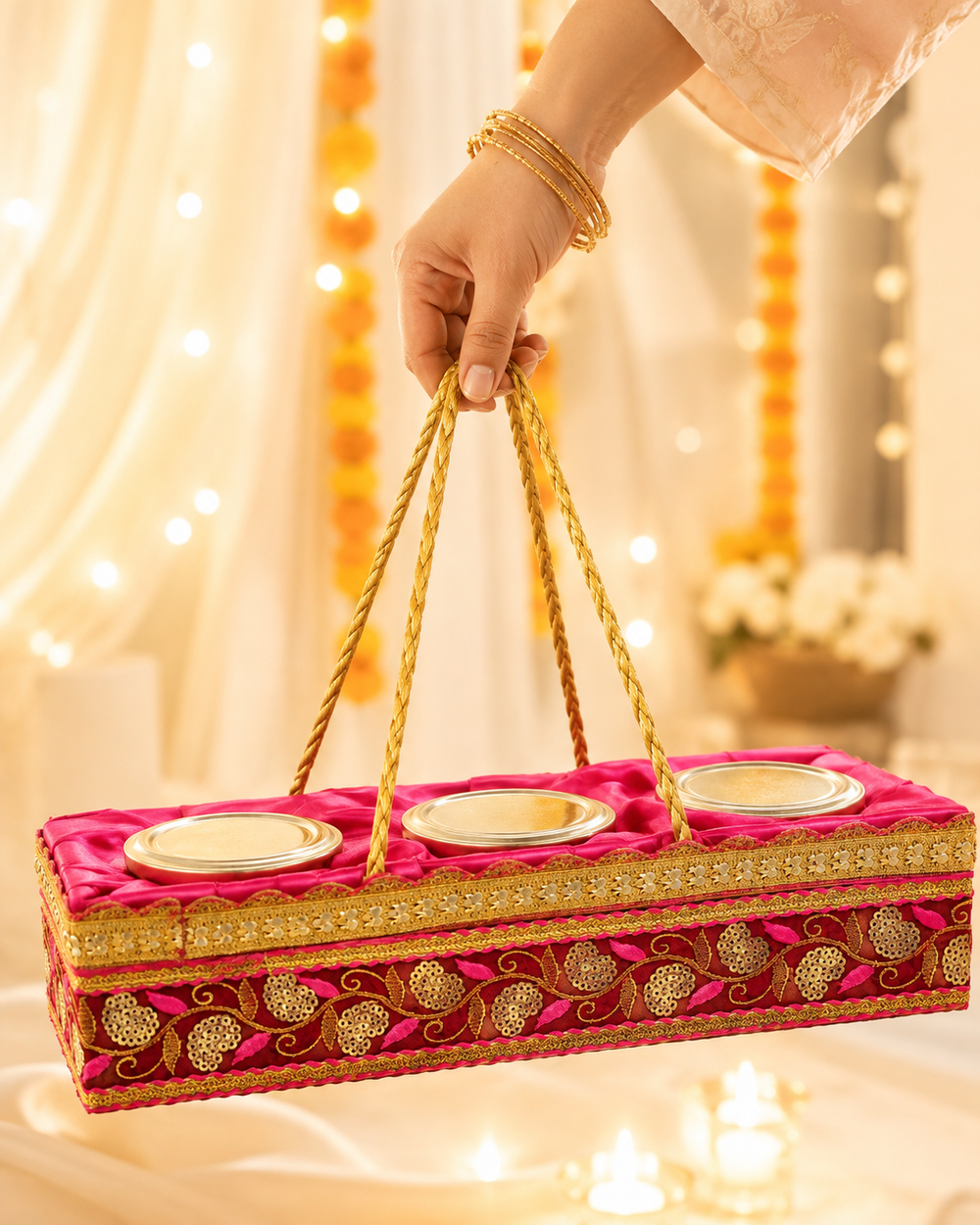 Dry fruit gift basket with braided golden rope handle carried by hand, ready to gift for Diwali and weddings