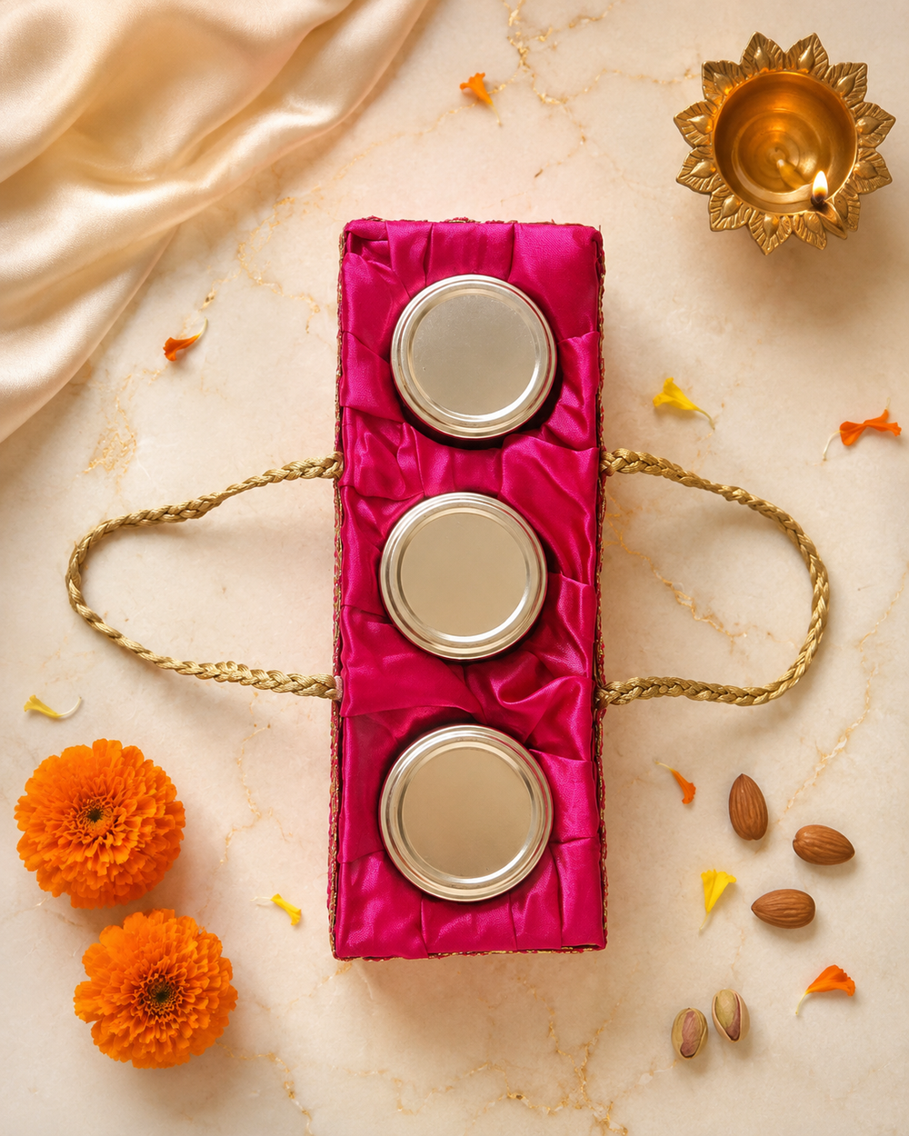 Top view of the 500g dry fruit gift box with three sealed jars set into hand-pleated pink satin and gold rope handles
