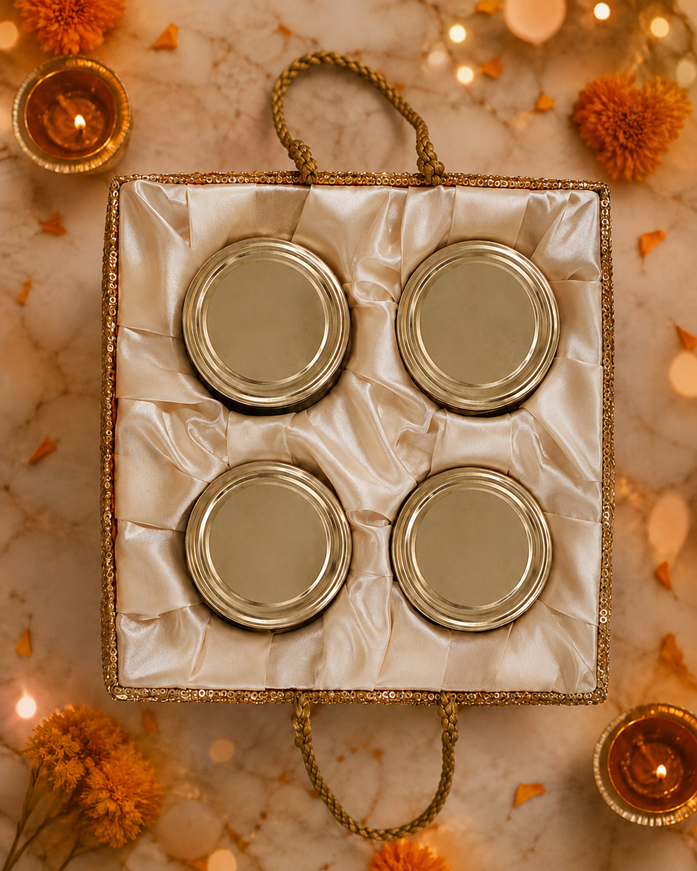 Top view of the 680g dry fruit gift box with four sealed jars set into hand-pleated ivory satin and a braided gold rope handle