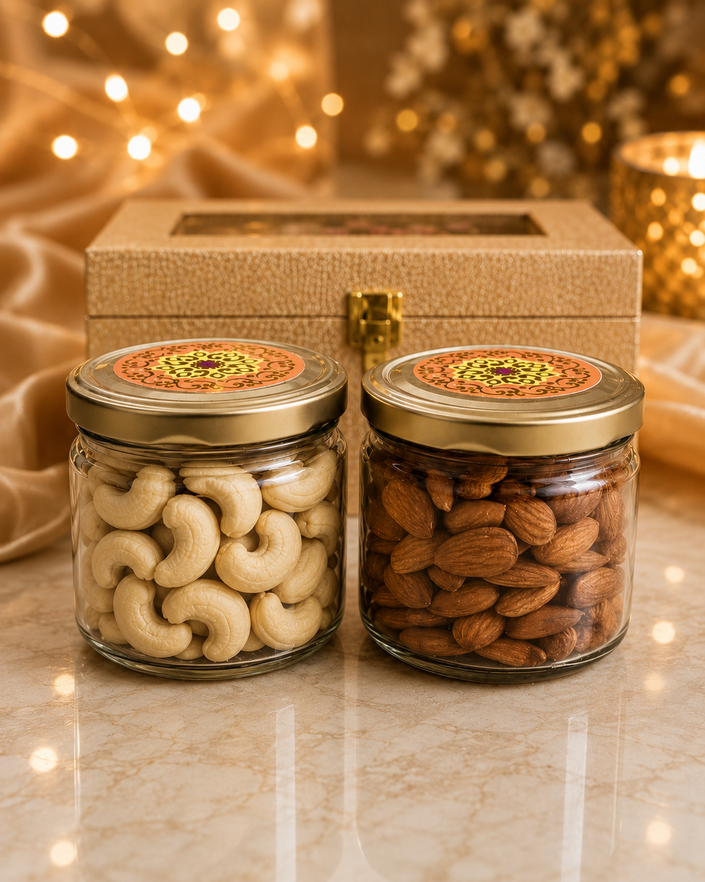 180g almonds and 160g cashews in sealed glass jars from the Giftra wooden dry fruit gift box