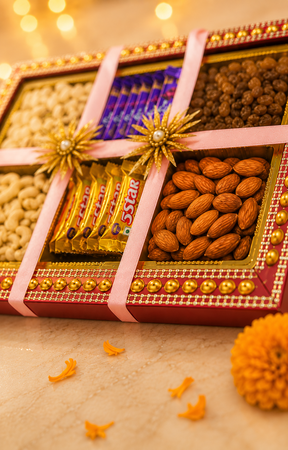 Close-up of premium almonds and chocolates in a festive dry fruit gift box