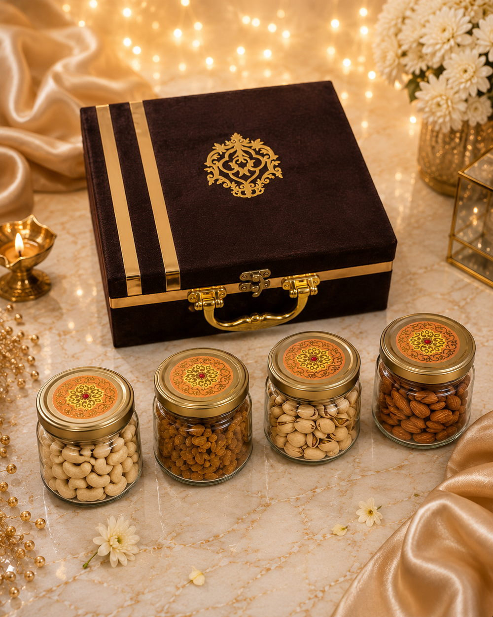 Dry fruit gift box contents — 680g of cashew, pistachio, almond and raisin in sealed glass jars