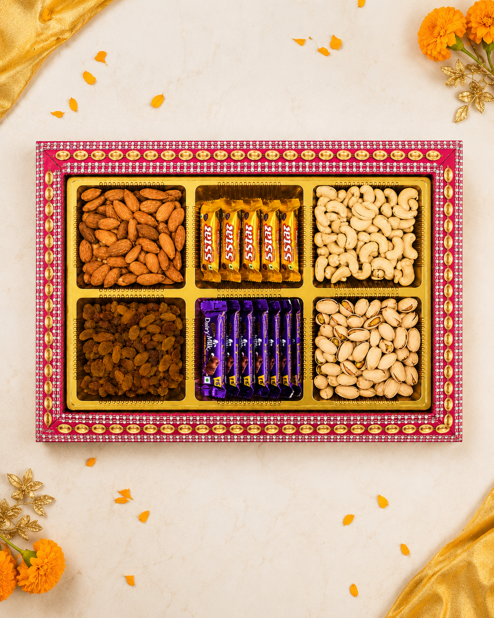 Dry fruit gift box contents – almonds, cashews, pistachios, raisins, 5 Star and Dairy Milk chocolates
