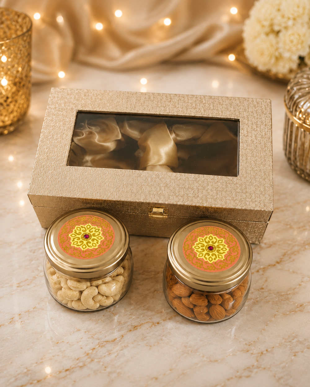 Golden wooden dry fruit gift box styled for Diwali with diyas and marigold flowers
