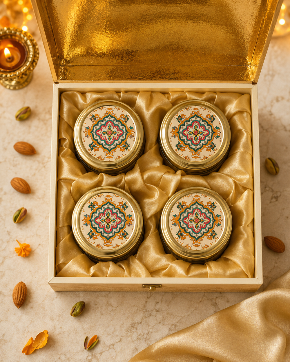 Top-down view of four decorative jars in a golden satin lined dry fruit gift box