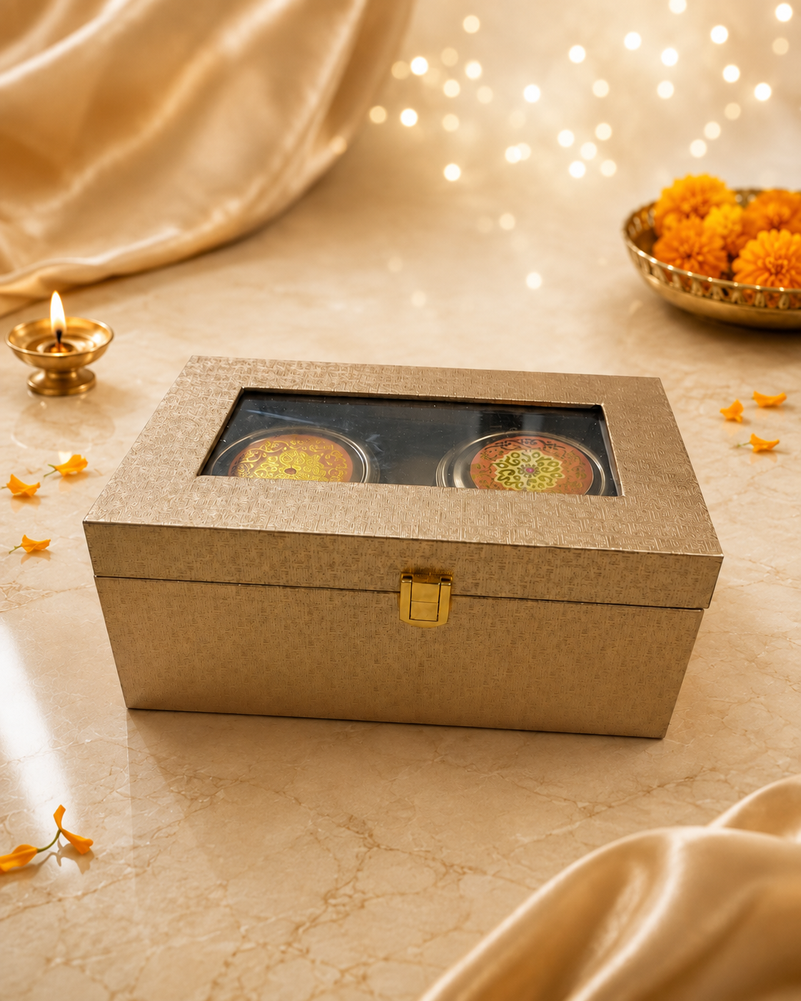Dry fruit gift box in a golden wooden case with glass-top window showing two mandala-lid jars