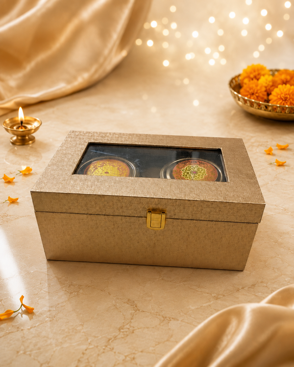 Dry fruit gift box in a golden wooden case with glass-top window showing two mandala-lid jars