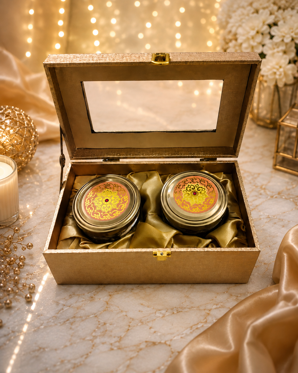 Open wooden dry fruit gift box with satin lining holding two jars of almonds and cashews