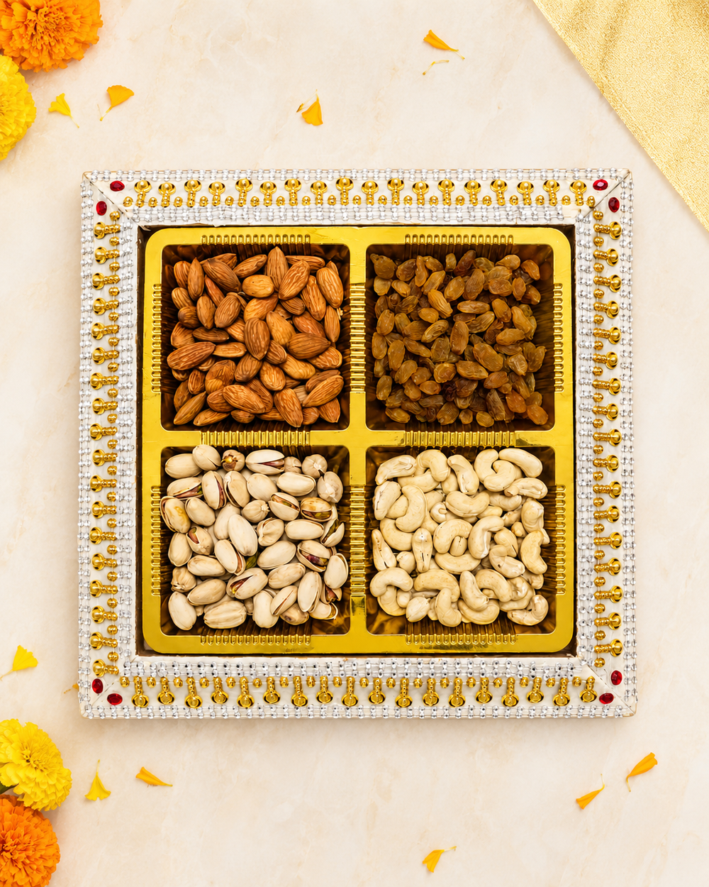 Pearl dry fruit gift box contents – almonds, cashews, pistachios and raisins