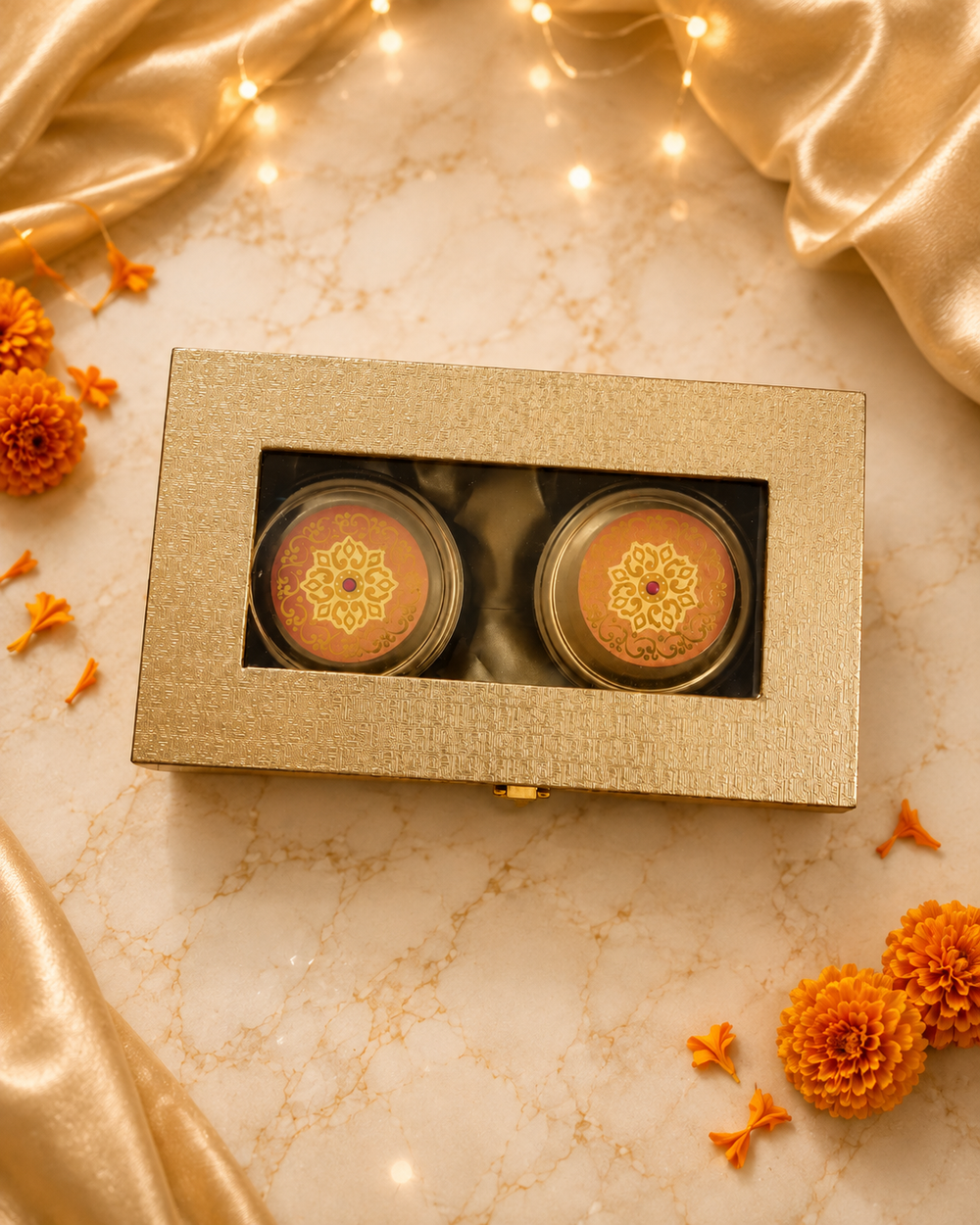 Top view of the wooden dry fruit gift box showing two gold mandala-print jar lids on satin