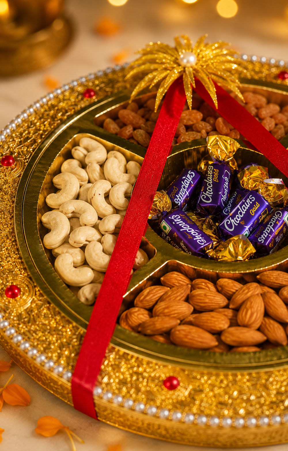 Close-up of Cadbury Choclairs and almonds in a festive gold dry fruit gift tray