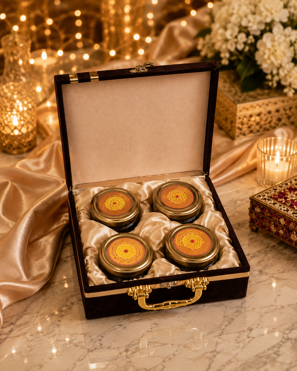 Four glass jars of premium cashew, pistachio, almond and raisin with decorative gold lids