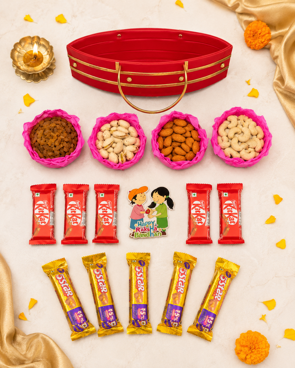 Rakhi dry fruit hamper contents – cashews, almonds, pistachios, raisins 75g each with 5 KitKat and 5 Star chocolates