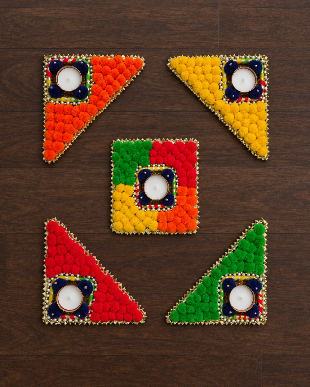 Five Tealight Rangoli Set: a pom-pom square and four triangles with tealight holders, gota and pearls – Giftra