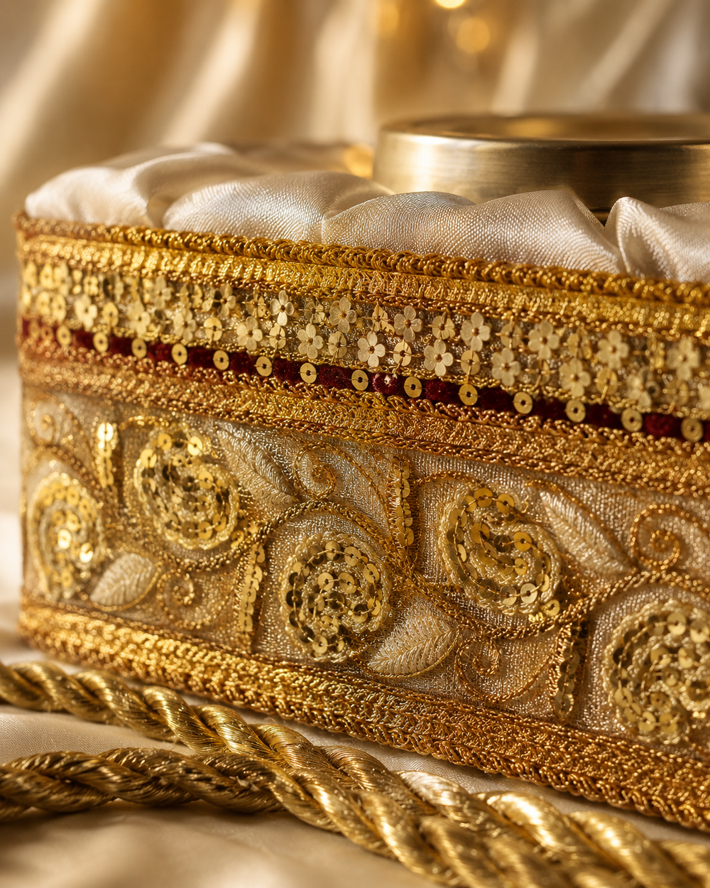 Close-up of handmade gold zari rose embroidery and sequin trim on the ivory satin dry fruit gift basket