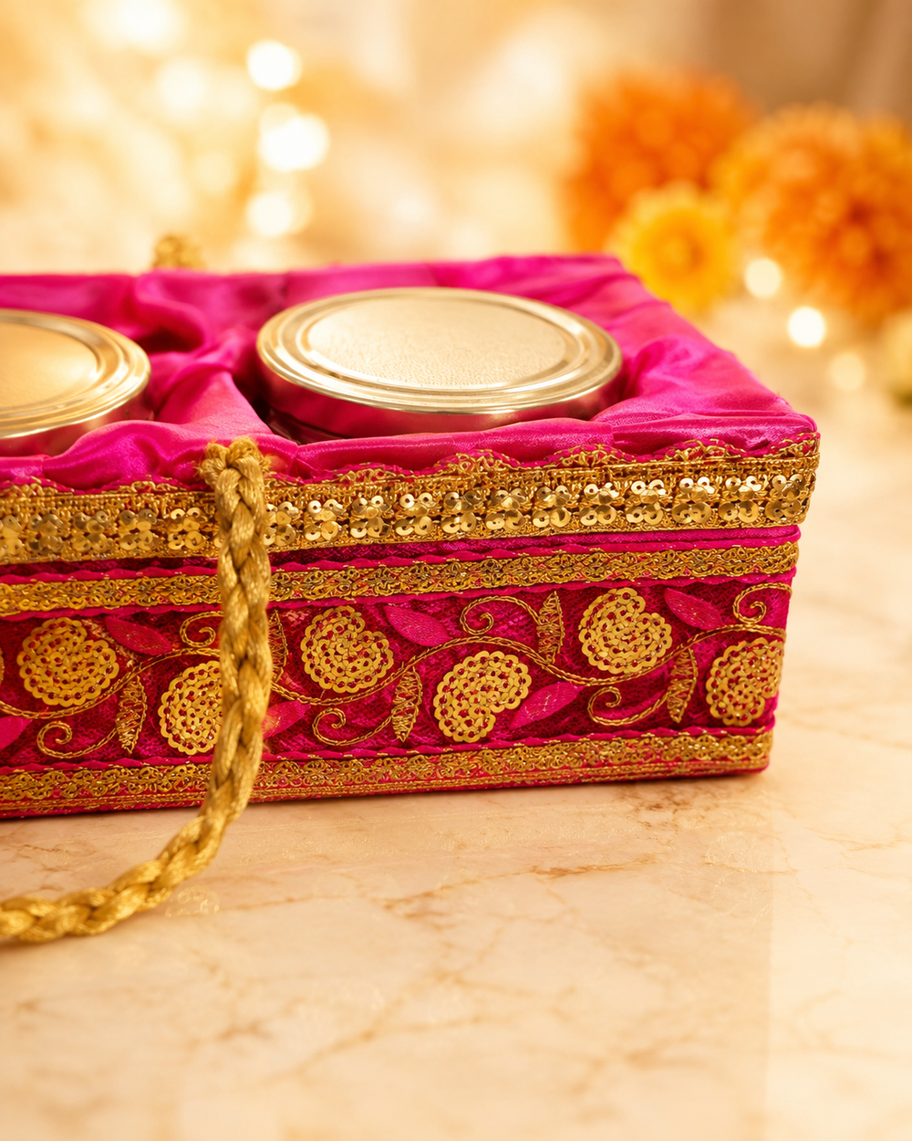 Close-up of handmade gold zari paisley embroidery and sequin trim on the pink satin embroidered gift basket