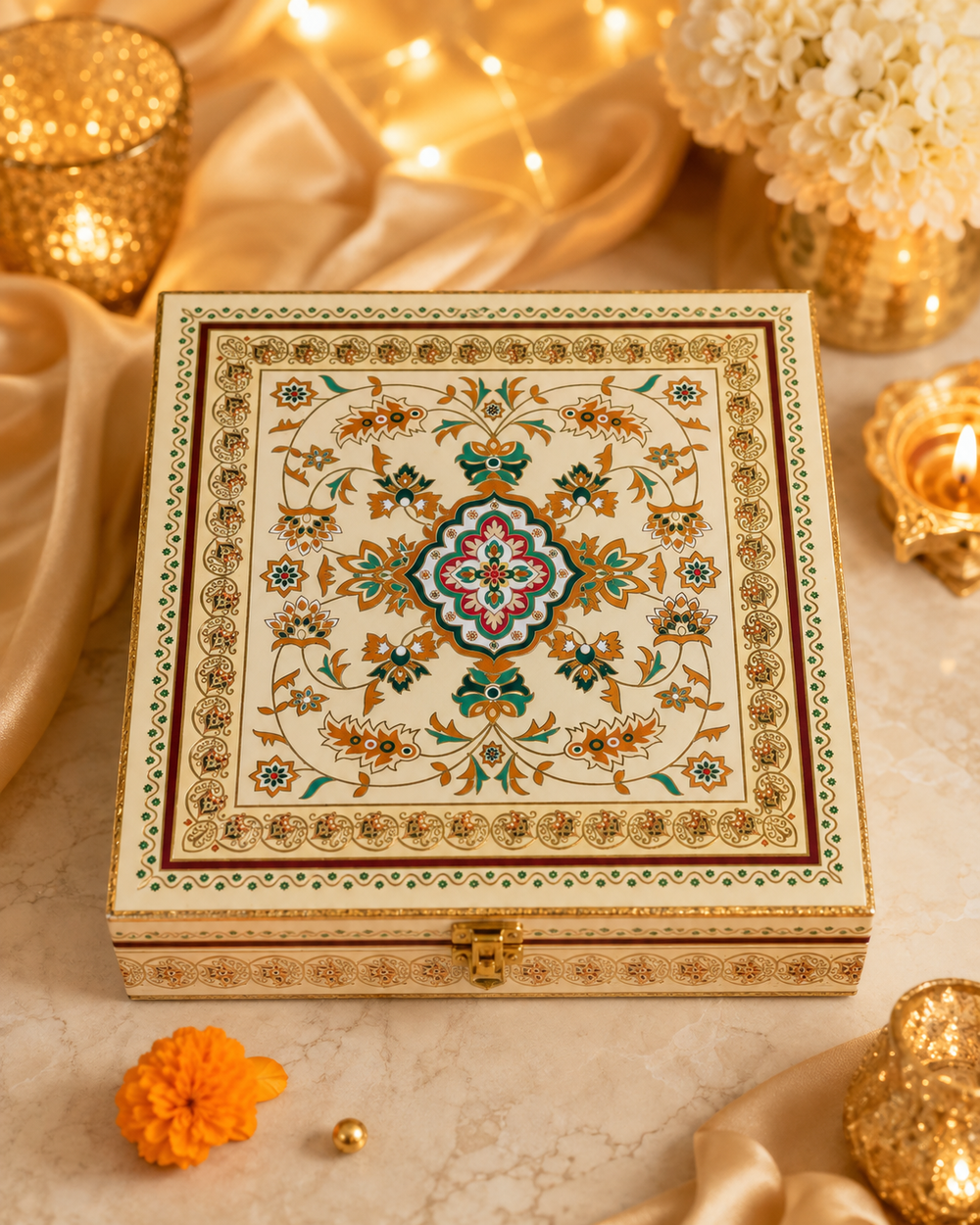Hand-painted Meenakari artwork detail on the ivory and gold wooden dry fruit gift box lid