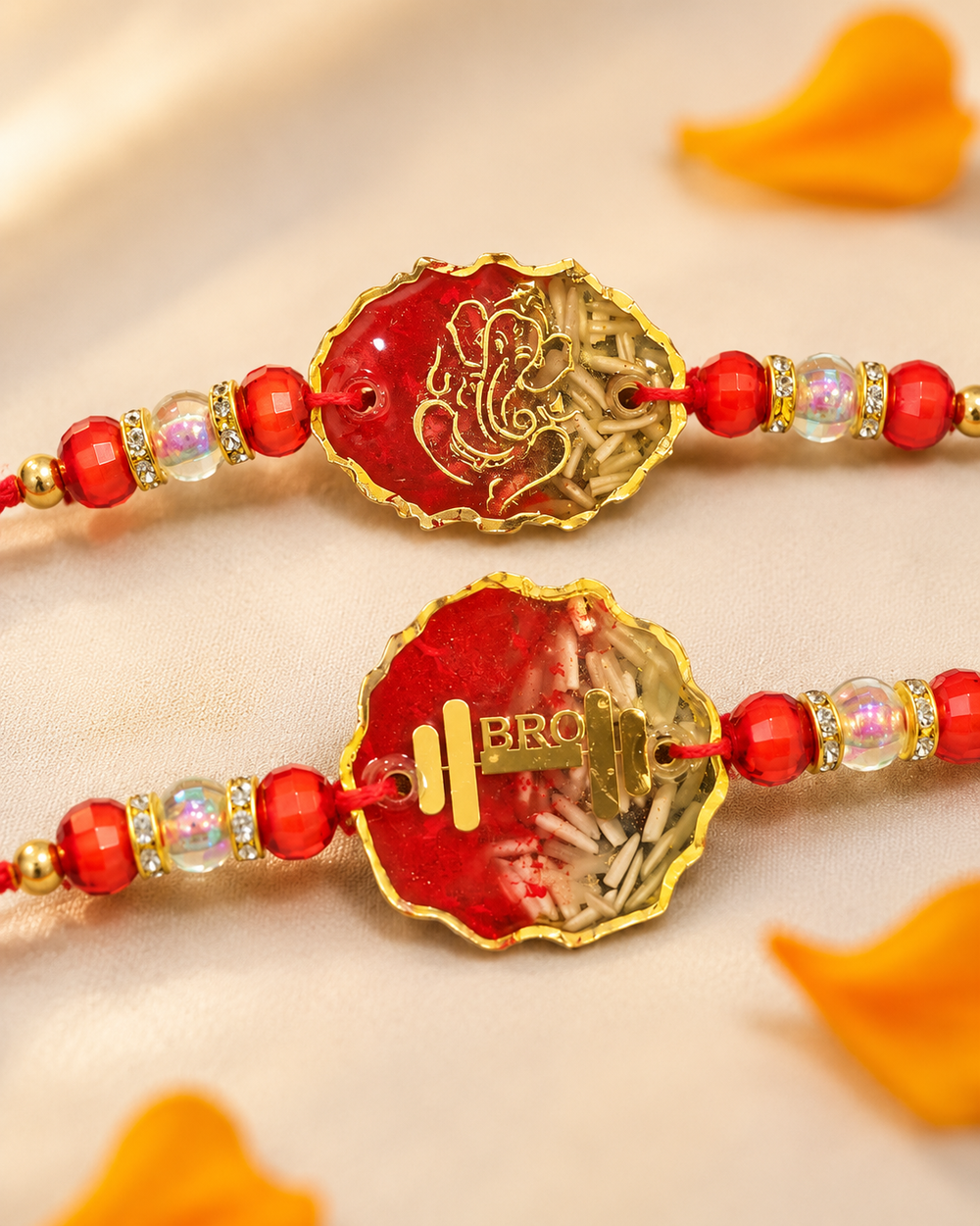 Handmade resin rakhi set of 2 with Ganesha and BRO design for Raksha Bandhan
