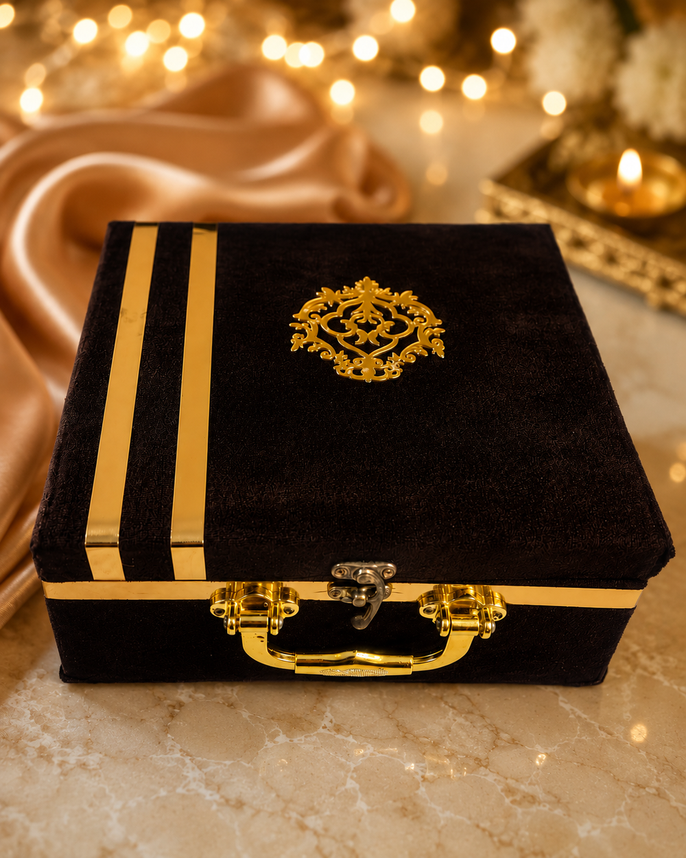 Premium dry fruit gift box in a velvet trunk case with four glass jars of cashew, pistachio, almond and raisin