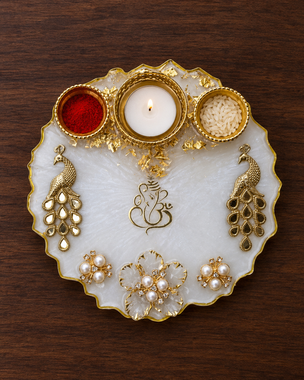 Ivory Peacock Ganesha Pooja Thali, a 6-inch white resin thali with gold peacocks, Ganesha motif, pearl flowers and 3 katoris – Giftra