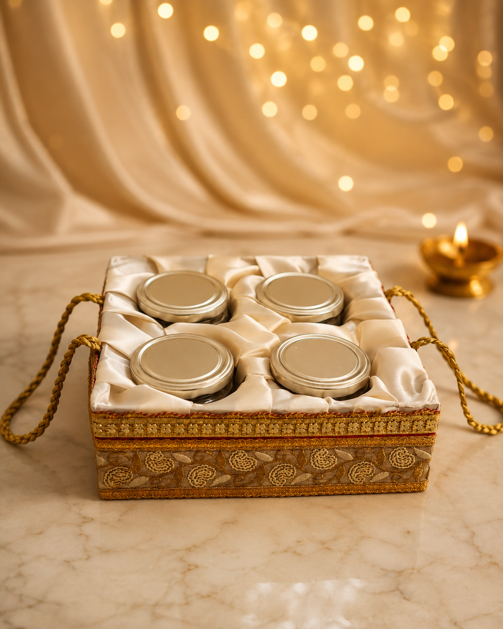 Ivory satin dry fruit gift basket with gold zari embroidery and rope handle holding 680g cashew, almond, raisin and pistachio in four glass jars