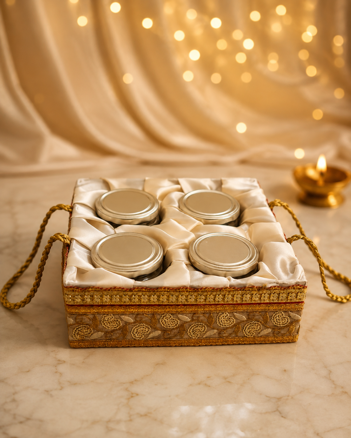Ivory satin dry fruit gift basket with gold zari embroidery and rope handle holding 680g cashew, almond, raisin and pistachio in four glass jars