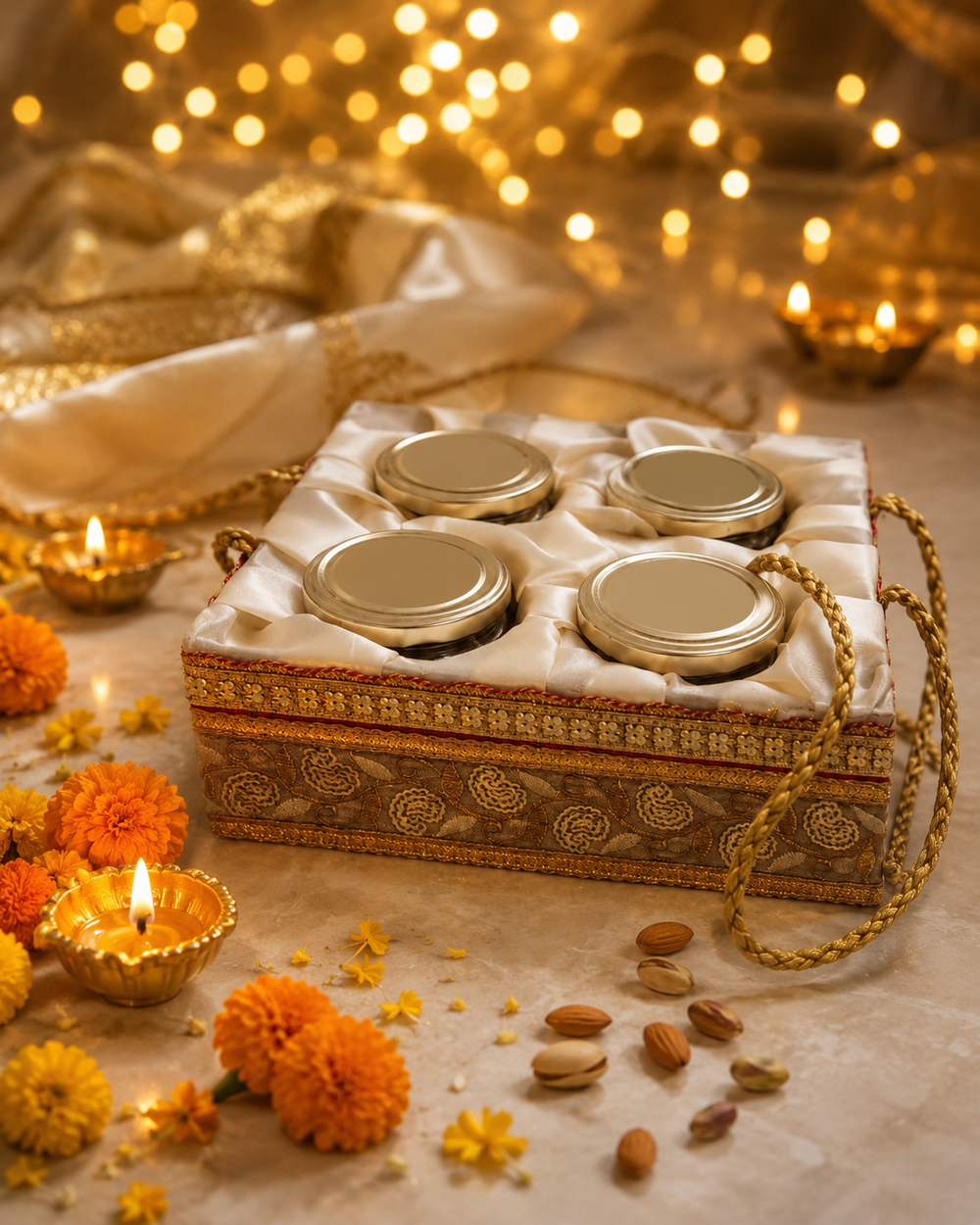 Ivory satin dry fruit gift basket styled for Diwali with brass diyas, marigold flowers and golden fairy lights