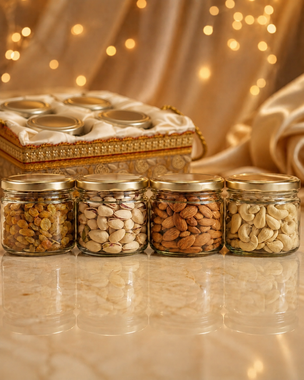 160g cashews, 180g almonds, 180g raisins and 160g pistachios in four sealed glass jars from the Giftra ivory satin dry fruit gift basket
