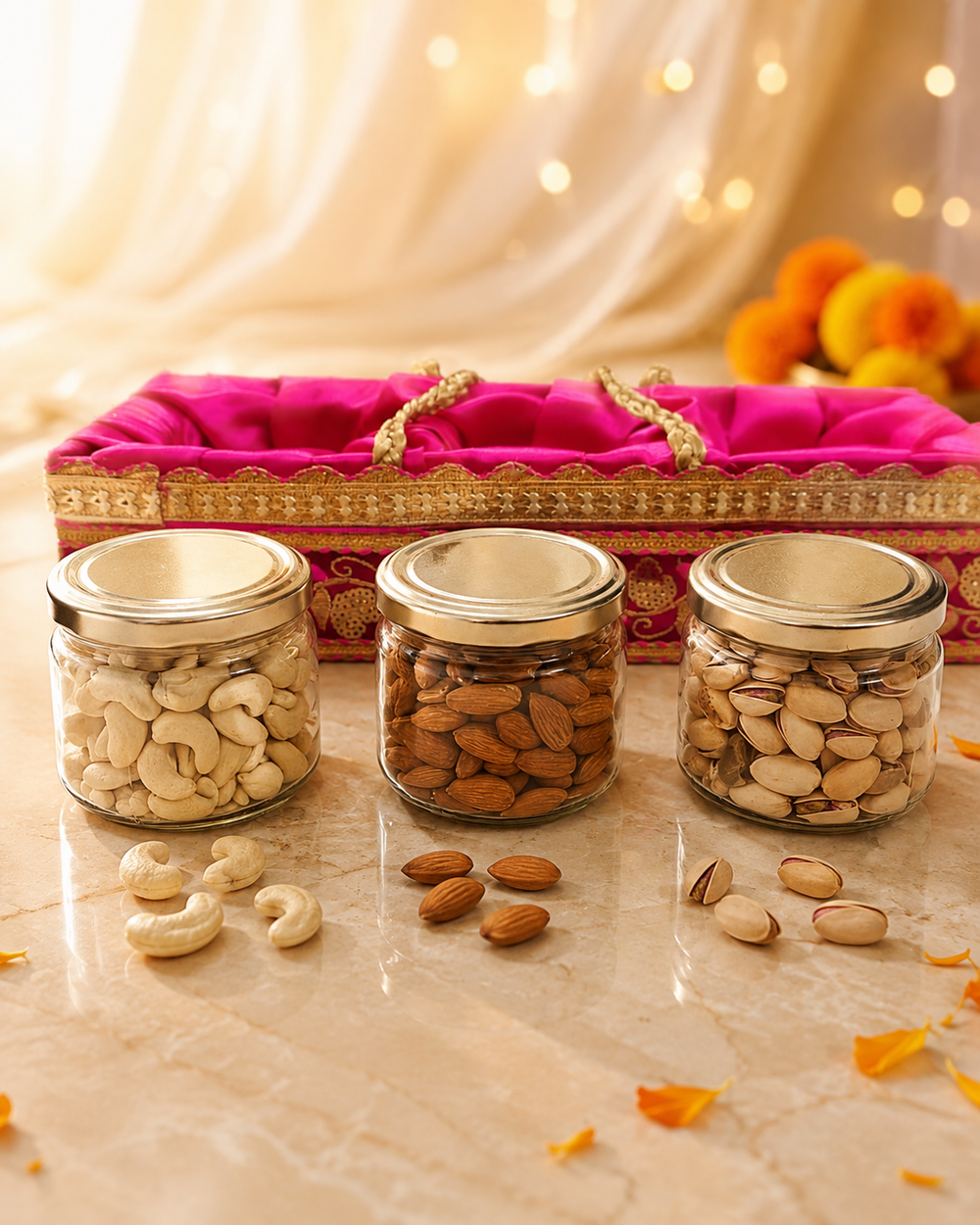Kaju badam pista gift box contents — three airtight glass jars of cashew 160g, almond 180g and pistachio 160g