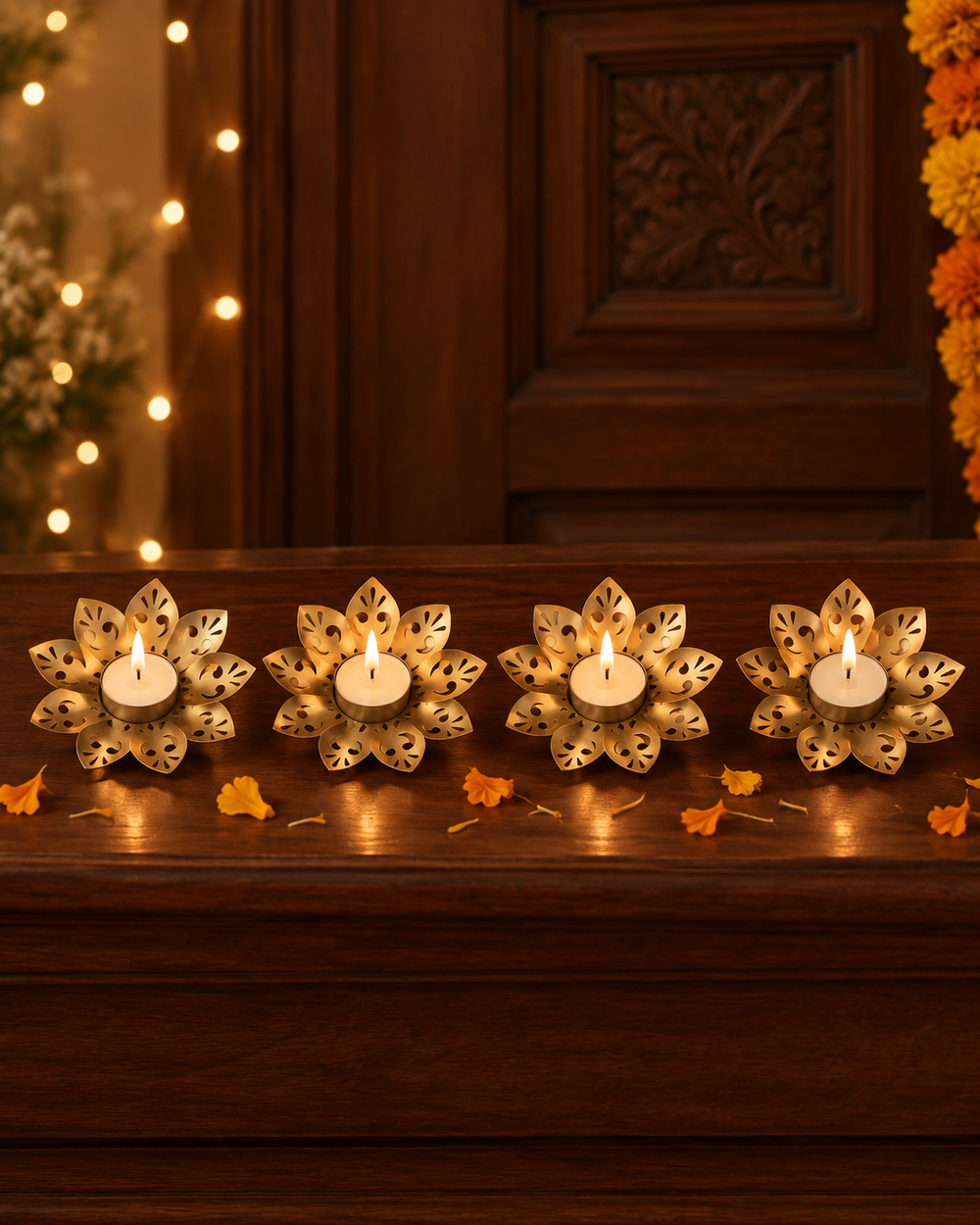 Set of 4 gold lotus tealight diyas lit in a row on a wooden ledge with marigold petals