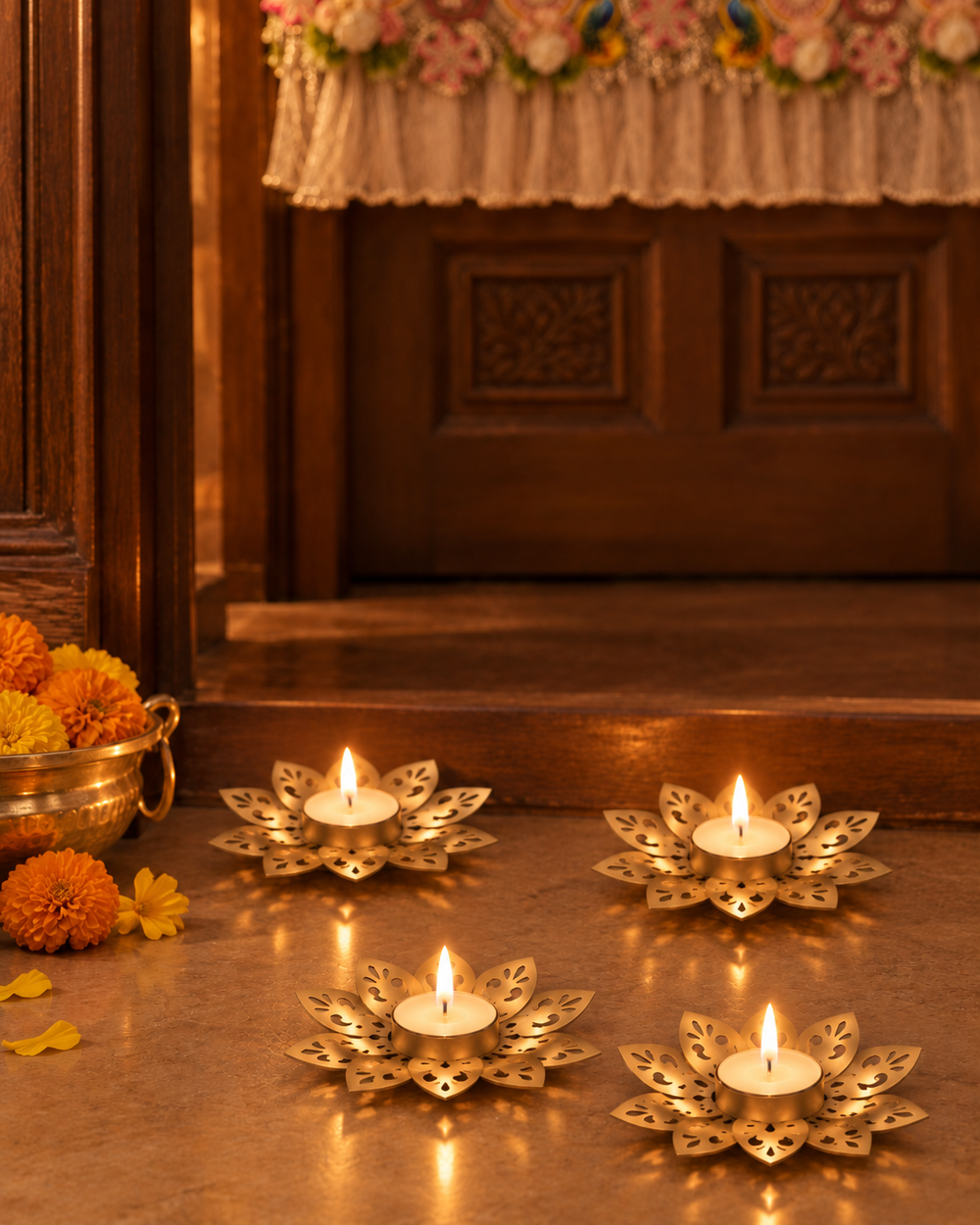 Four lit gold lotus diyas at a Diwali doorway with a toran above and a bowl of marigolds
