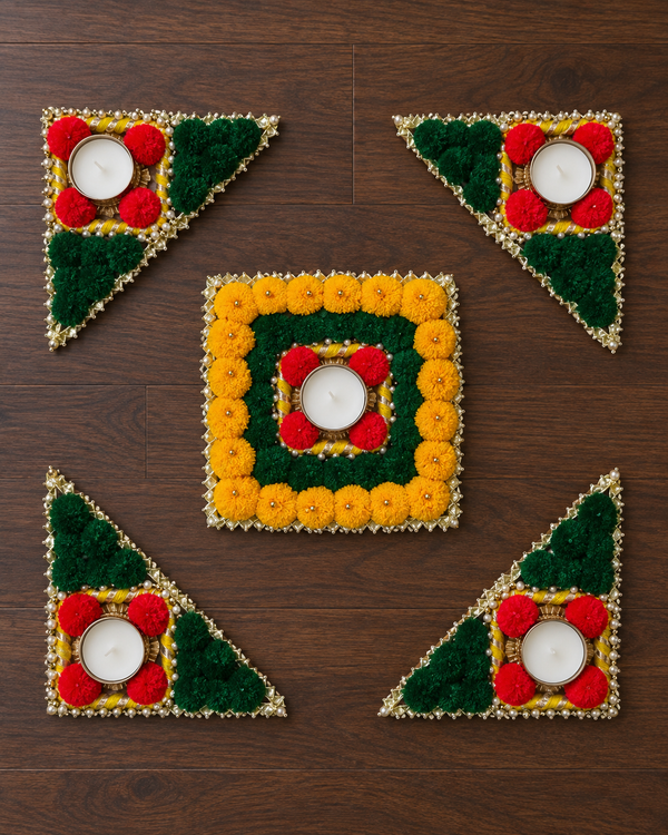 Marigold Green Tealight Rangoli Set: a yellow and green pom-pom square and four green triangles with tealight holders – Giftra