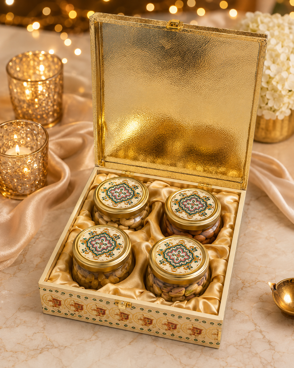 Open Meenakari gift box with four glass jars of cashew, almond, raisin and pistachio on golden satin